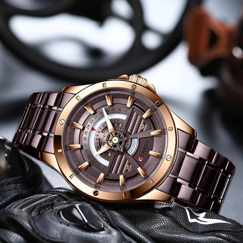 Curren Men's Modern Movement! - Coffee Brown! - Day Feature! - Stainless Steel Strap! - 1 Year Warranty! - Water Resistant!