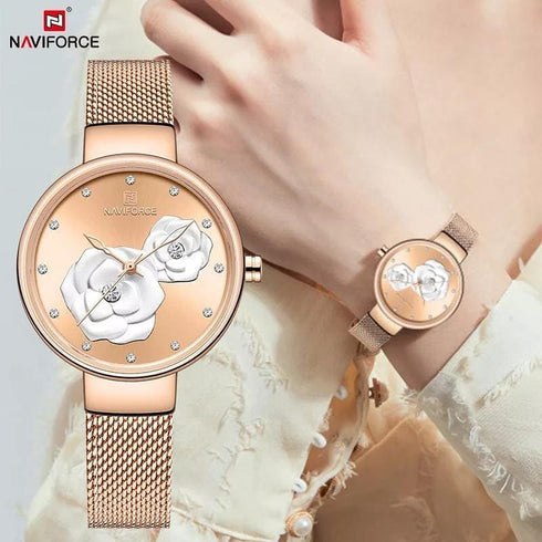 Naviforce Women's Rose Gold Blossom! - Adjustable Steel Strap! - 1 Year Warranty! - Water Resistant!