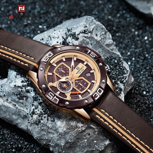Naviforce Legend - Men's Watch - Rose Gold Plated - Chronograph - Genuine Leather! - Water Resistant! - 1 Year Warranty!