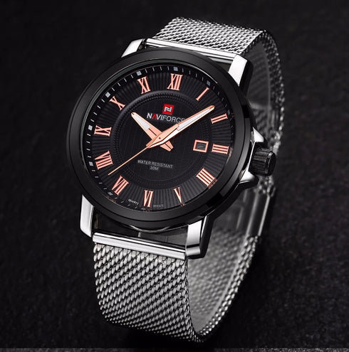 Naviforce Black & Steel! – Rose Gold Roman Numbers! – Adjustable Steep Strap! – 1 Year Warranty!