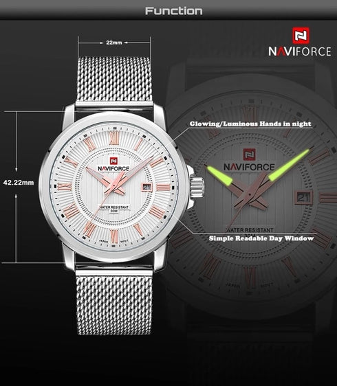 Naviforce Classic All Steel! - Rose Gold Roman Numbers! - Adjustable Steep Strap! - 1 Year Warranty!