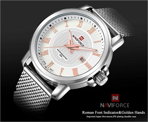 Naviforce Classic All Steel! - Rose Gold Roman Numbers! - Adjustable Steep Strap! - 1 Year Warranty!