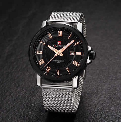 Naviforce Black & Steel! – Rose Gold Roman Numbers! – Adjustable Steep Strap! – 1 Year Warranty!