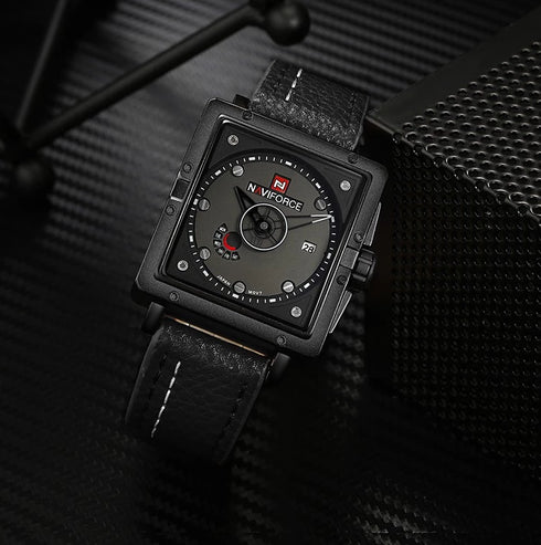 Naviforce All Black Block Dial! - Limited Edition! - Modern Design! - Genuine Leather! - 1 Year Warranty!