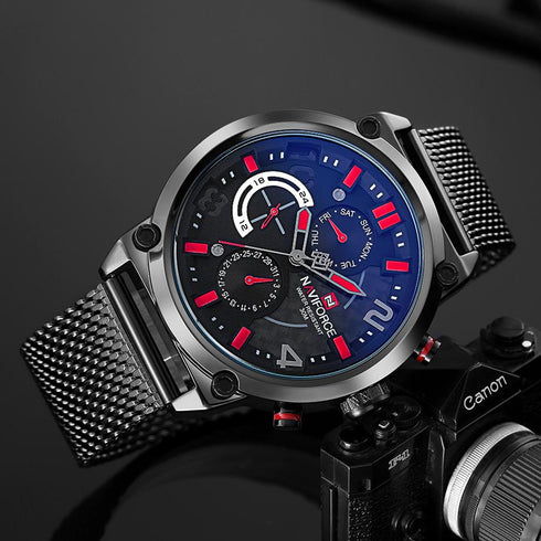 Naviforce Men's Classic Chronograph - Black & Red Contrast! - Adjustable Steel Strap! - Water Resistant! - 1 Year Warranty!