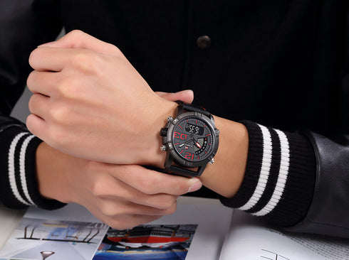 Naviforce Rugged Black & Red Attack (Digital + Analog) - Genuine Leather! - Water Resistant! - 1 Year Warranty!