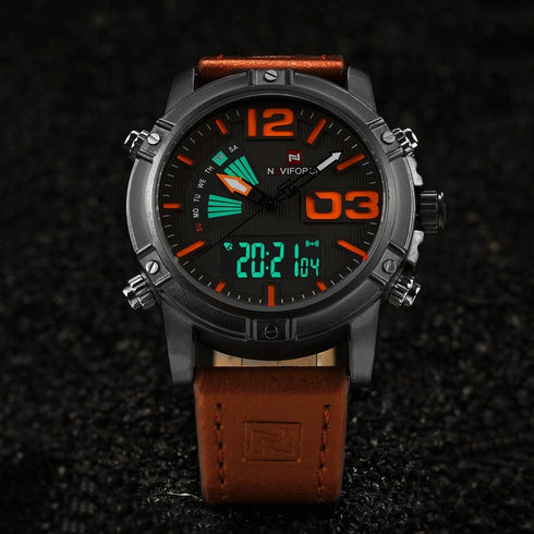 Naviforce Orange Attack (Digital + Analog) - Genuine Leather! - Water Resistant! - 1 Year Warranty!