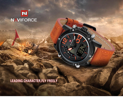 Naviforce Orange Attack (Digital + Analog) - Genuine Leather! - Water Resistant! - 1 Year Warranty!