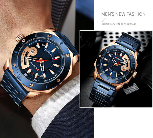 Curren Rebel (Sparkling Blue & Rose Gold) - Men's Watch - Date Function - 1 Year Warranty - Free Box Packaging - 3 ATM Water Resistant