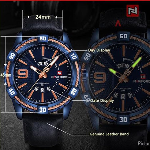 Naviforce Iconic - Men's Watch - Majestic Blue & Rose Gold - Genuine Leather - Water Resistant! - 1 Year Warranty!