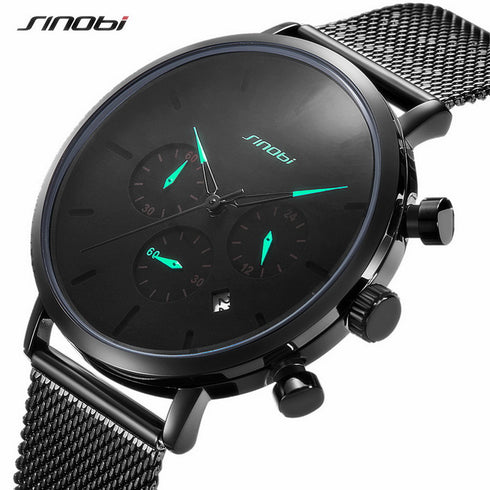 Sinobi Noir - Men's Chronograph - Turquoise Blue & Black! - Water Resistant! - Stainless Steel Adjustable Strap! - 1 Year Warranty! - Ultra Slim!