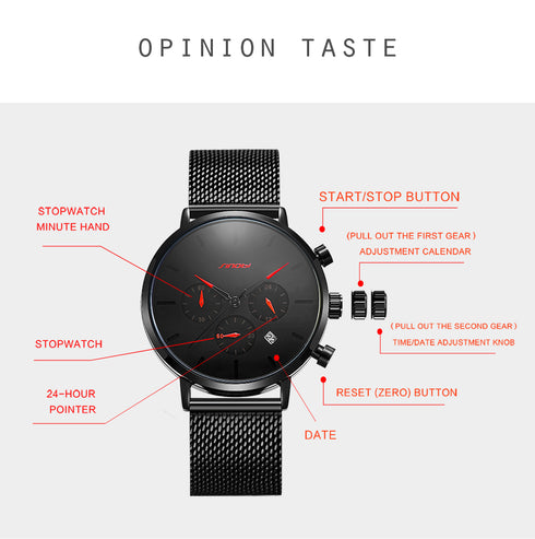 Sinobi Noir - Men's Chronograph - Red & Black! - Water Resistant! - Stainless Steel Adjustable Strap! - 1 Year Warranty! - Ultra Slim!