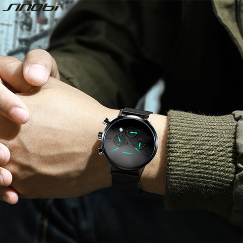 Sinobi Noir - Men's Chronograph - Turquoise Blue & Black! - Water Resistant! - Stainless Steel Adjustable Strap! - 1 Year Warranty! - Ultra Slim!