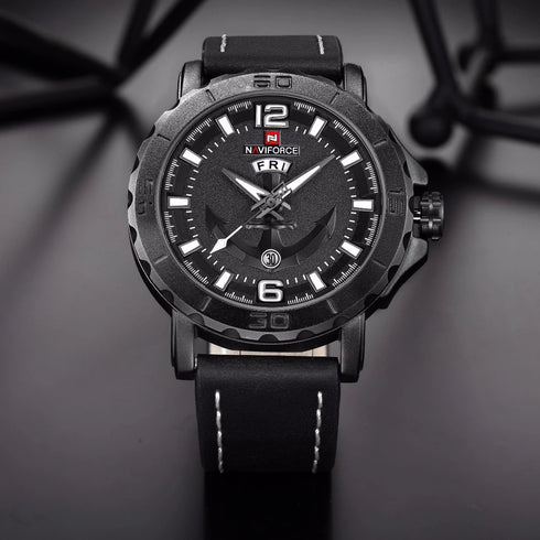 Naviforce Black Anchor - Mens Watch - Genuine Leather - Water Resistance - 1 Year Warranty