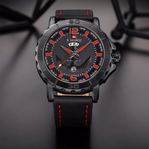 Naviforce Red Black Anchor - Mens Watch - Genuine Leather - Water Resistance - 1 Year Warranty
