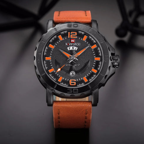 Naviforce Orange Brown Anchor - Mens Watch - Genuine Leather - Water Resistance - 1 Year Warranty
