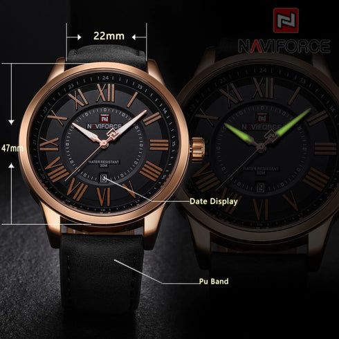 Naviforce Men's Elegant Black & Rose Gold Plated - Roman Numbers! - Genuine Leather! - 1 Year Warranty! - Water Resistant! - Free Gift Packaging!