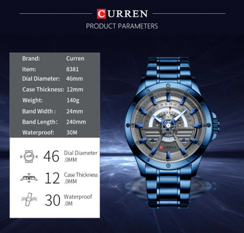 Curren Men's Modern Movement! - Matrix Blue! - Day Feature! - Stainless Steel Strap! - 1 Year Warranty! - Water Resistant!
