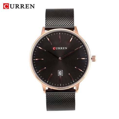 Curren Men's Black & Rose Gold! - Adjustable Mesh Steel Strap! - Two Hand Design! - Minimalist! - 1 Year Warranty! - Ultra Slim!