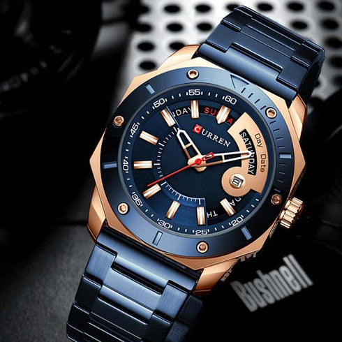 Curren Rebel (Sparkling Blue & Rose Gold) - Men's Watch - Date Function - 1 Year Warranty - Free Box Packaging - 3 ATM Water Resistant