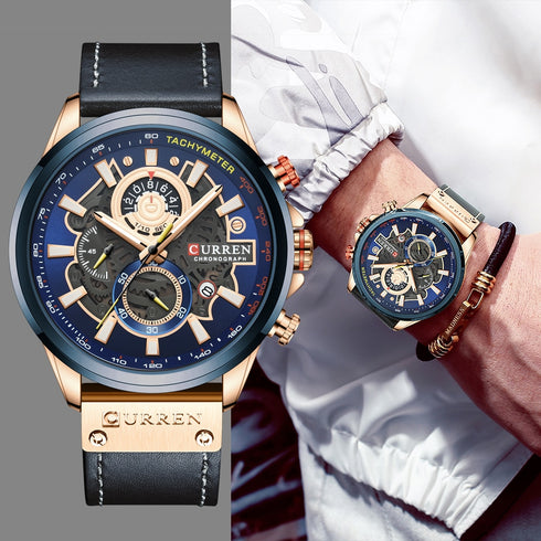 Curren Men's Futuristic Design! - Chronograph! - Blue & Rose Gold! - Ultra Soft Leather! - 1 Year Warranty! - Ultra Slim!