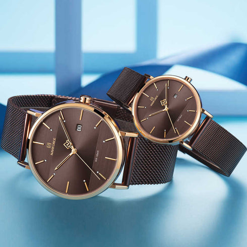 Naviforce Couple's Watch Set! - Couple's Pair! - Majestic Rose Gold & Brown! - Adjustable Straps! - Limited Edition! - 1 Year Warranty!
