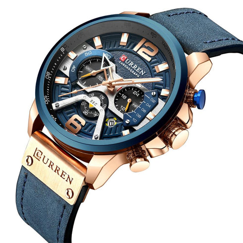 Curren Men's! - Modern Blue & Rose Gold Chronograph! - Genuine Ultrasoft Leather! - Water Resistant! - 1 Year Warranty!