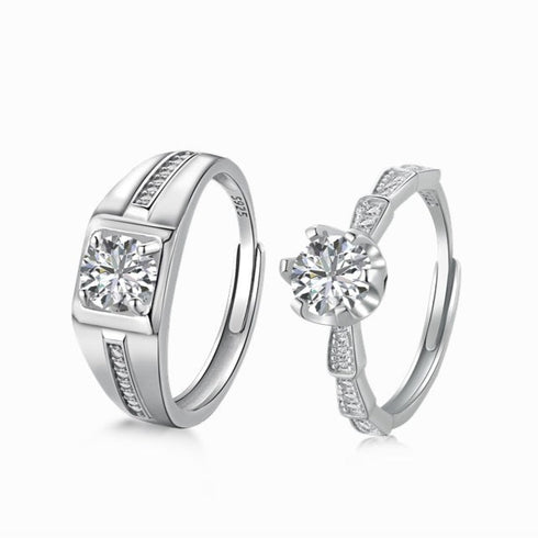 Couple Ring Set - Adjustable Size - Pure Sterling Silver (Chandi) - 5A Cubic Zircon - Certificate