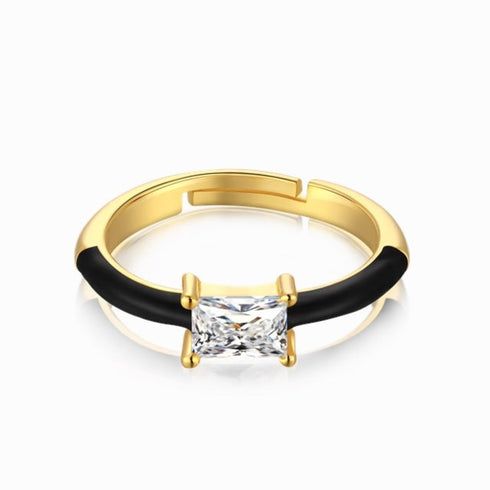 Urban Chic Ring (Gold & Element Black) - Adjustable Size - Enamel & Pure Sterling Silver (Chandi) - Cubic Zircon