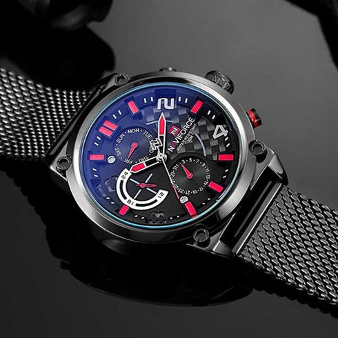 Naviforce Men's Classic Chronograph - Black & Red Contrast! - Adjustable Steel Strap! - Water Resistant! - 1 Year Warranty!