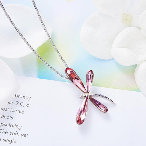 Niovani Magical Dragonfly Rhodium Plated Necklace! - Genine European Crystals - Free Box Packaging