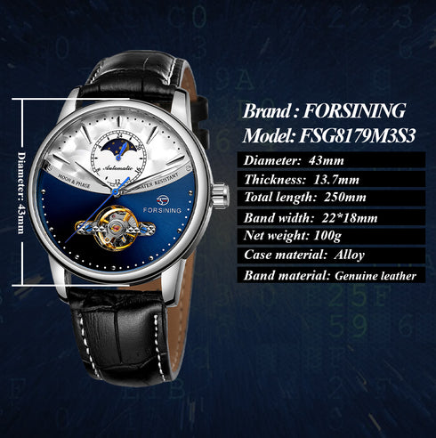 Forsining Gentleman - Men's Automatic Watch - Blue & Silver - No Battery Needed - Water Resistant - Genuine Leather Strap! - 1 Year Warranty