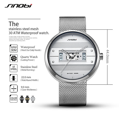 Sinobi Modern Art - Men's Watch - Water Resistant! - Classic Silver! - Stainless Steel Strap! - 1 Year Warranty! - Ultra Slim!