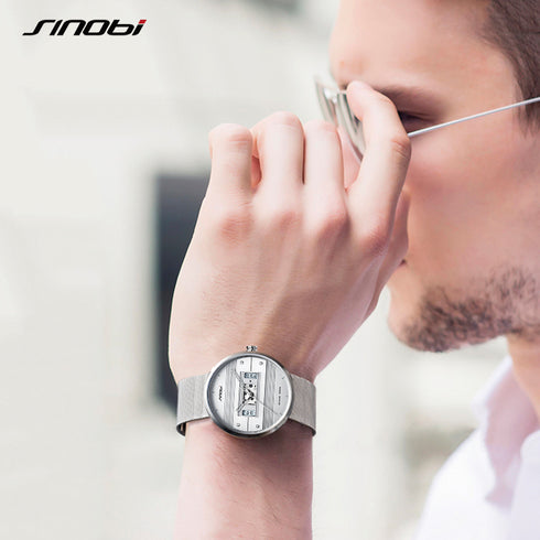 Sinobi Modern Art - Men's Watch - Water Resistant! - Classic Silver! - Stainless Steel Strap! - 1 Year Warranty! - Ultra Slim!