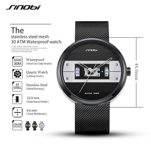 Sinobi Modern Art - Men's Watch - Classic Black! - Water Resistant! - Stainless Steel Strap! - 1 Year Warranty! - Ultra Slim!