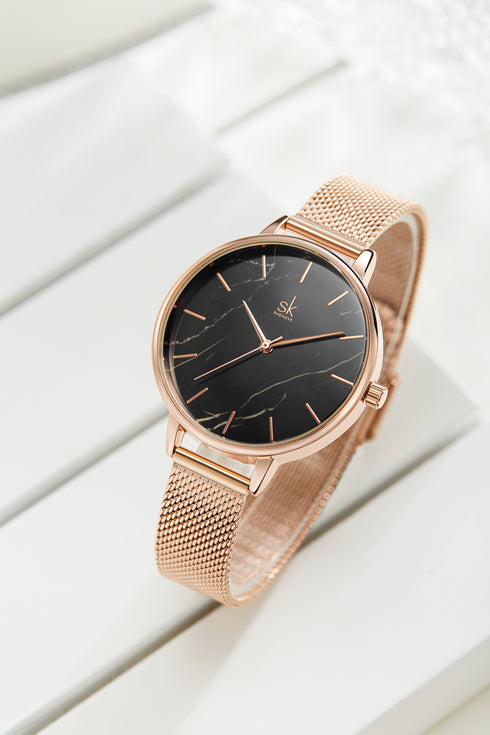 Shengke Marble - Women's Watch - Classic Rose Gold & Black - Adjustable Steel Strap - 1 Year Warranty - Free Box Packaging!