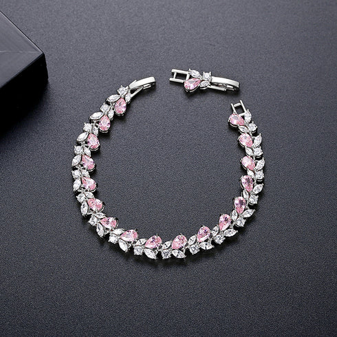 Pink Leaves Bracelet - White Gold Plated - AAA Cubic Zirconia - Free Box Packaging!