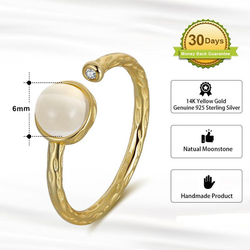 Celeste - S925 Sterling Silver Ring - Adjustable Size - Genuine Moonstone - 14K Gold Plating - Free Box Packaging