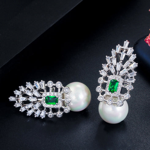 Pearl and Green Earrings - Statement Jewellery - Cubic Zircon - Box Packaging