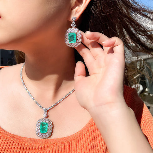 Lux White and Mermaid Green Party Set - Earrings & Necklace - Statement Jewellery - Cubic Zircon - Box Packaging