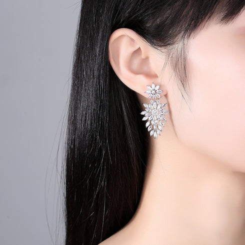 Party Flower Earrings - White Gold Plated - AAA Cubic Zirconia - Free Box Packaging!