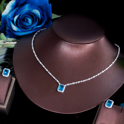 Stunning White and Blue Set - Earrings & Necklace - Statement Jewellery - Cubic Zircon - Box Packaging