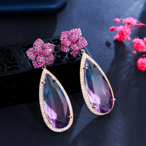 Flower Water Drop Earrings - Statement Jewellery - Cubic Zircon - Box Packaging