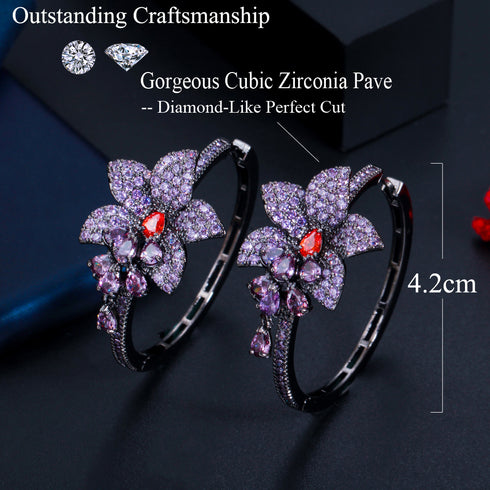 Deep Puple Flower Hoops Party Earrings - Statement Jewellery - Cubic Zircon - Box Packaging