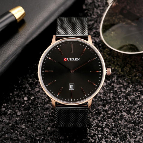 Curren Men's Black & Rose Gold! - Adjustable Mesh Steel Strap! - Two Hand Design! - Minimalist! - 1 Year Warranty! - Ultra Slim!