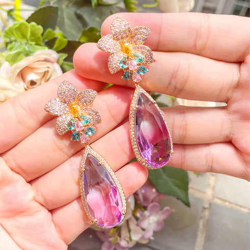 Flower Water Drop Earrings - Statement Jewellery - Cubic Zircon - Box Packaging