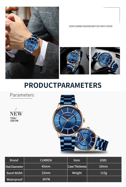 Curren Simplicity (Sparkling Rose Gold & Blue) - Men's Watch - 1 Year Warranty - Free Box Packaging - 3 ATM Water Resistant