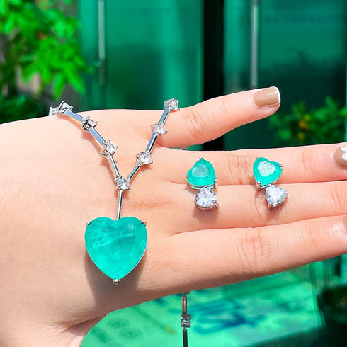 Mermaid Green Love Party Set - Earrings & Necklace - Statement Jewellery - Cubic Zircon - Box Packaging