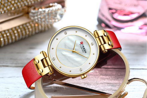 Womens Curren Elegant Maroon! - Shiny Pearl Dial! - Hot Seller! - 1 Year Warranty! - Genuine Leather!