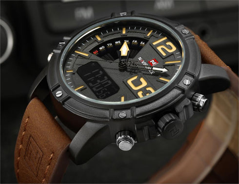Naviforce Rugged Brown Attack (Digital + Analog) - Genuine Leather! - Water Resistant! - 1 Year Warranty!
